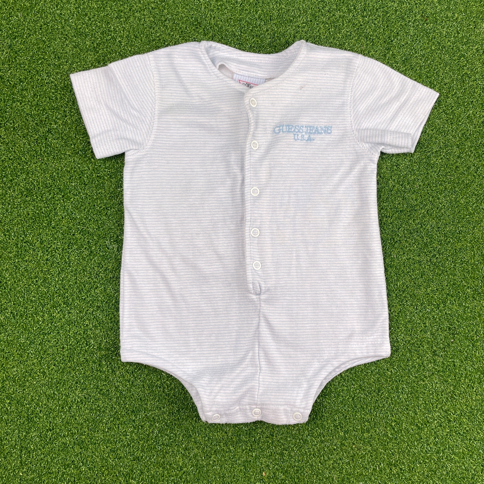Vintage 90s Guess Baby Sleepwear Blue Striped One Piece Sz 0-3mo